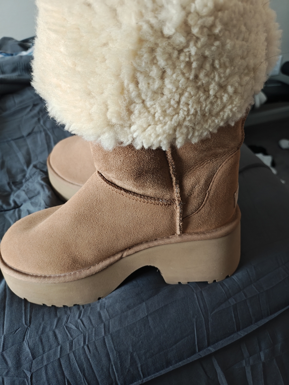 UGG Tan Suede Platform Shearling Boots with Cream Cuff